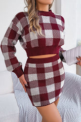 Plaid long sleeve short sweater skirt suit