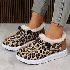 Leopard print flat slip-on plush snow shoes