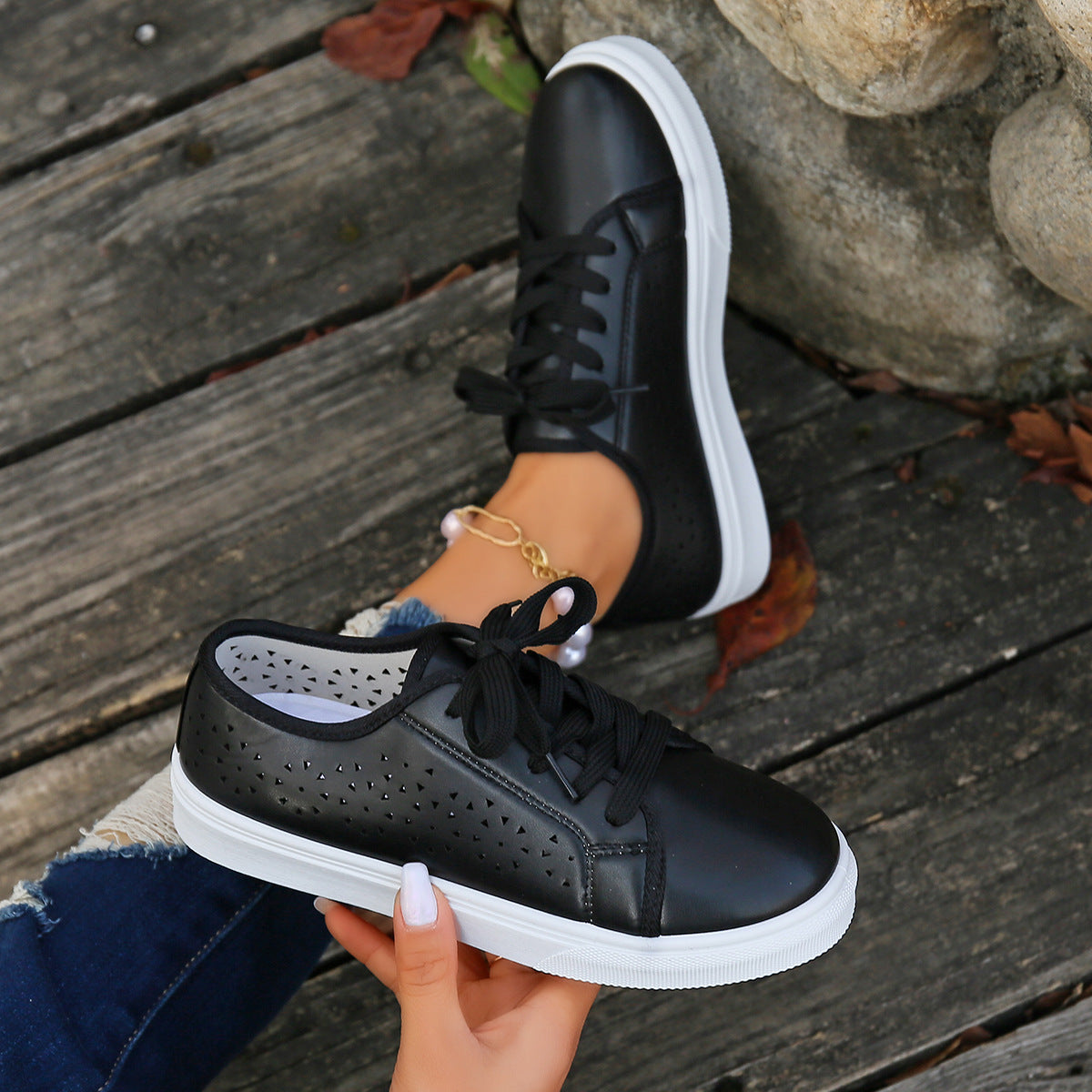 Faux leather lace-up vented sneakers