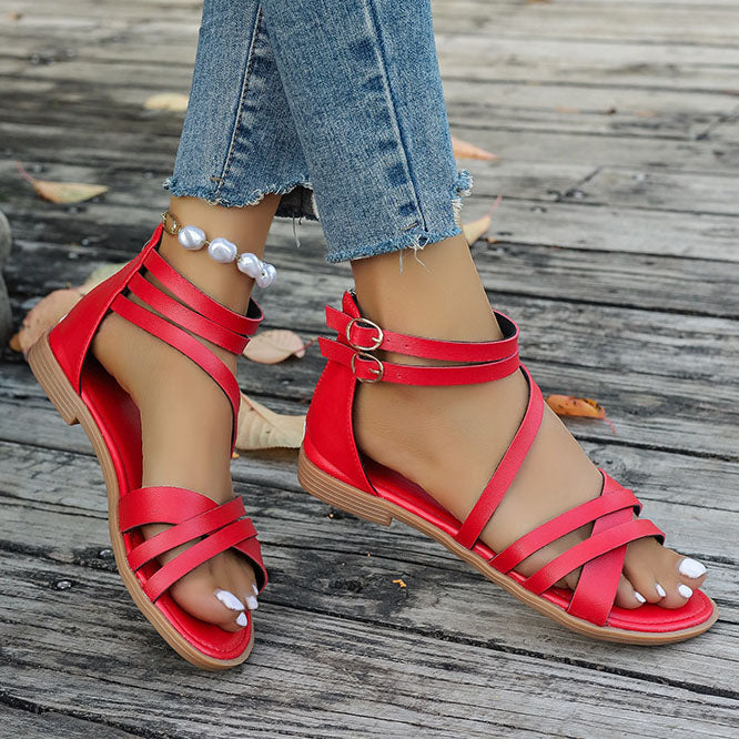 Zipper Buckles Flat Roman Sandals