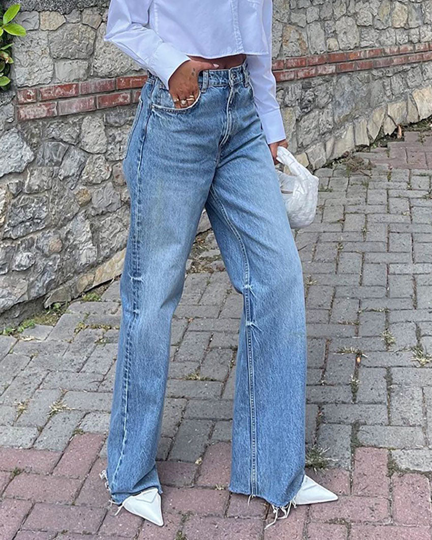 High-Waisted Frayed Hem Loose Fit Straight Leg Jeans