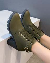 Lace Up Buckle Strap Chunky Heeled Ankle Boots