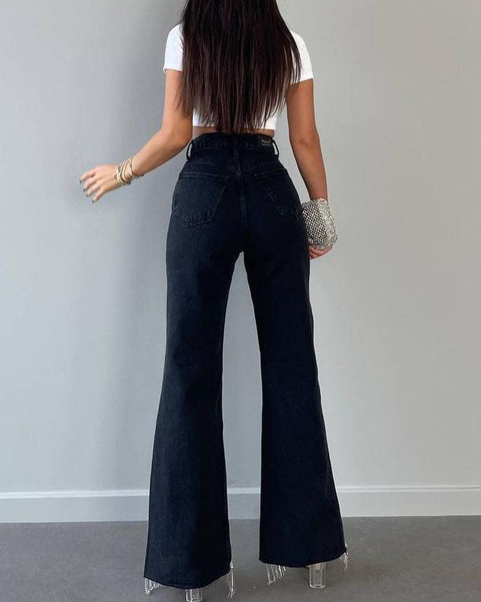 High-Waisted Straight Leg Tassel-Trimmed Hem Jeans