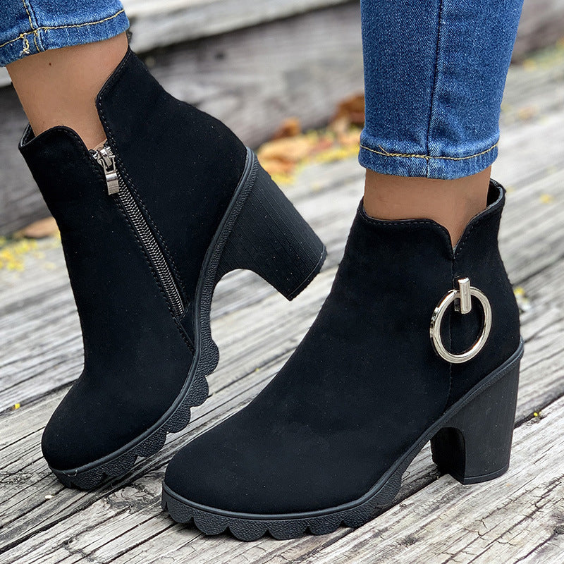 Side ring zipper black short rider boots