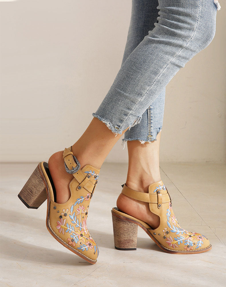 Vintage Floral Embroidered Espadrilles Chunky Heels