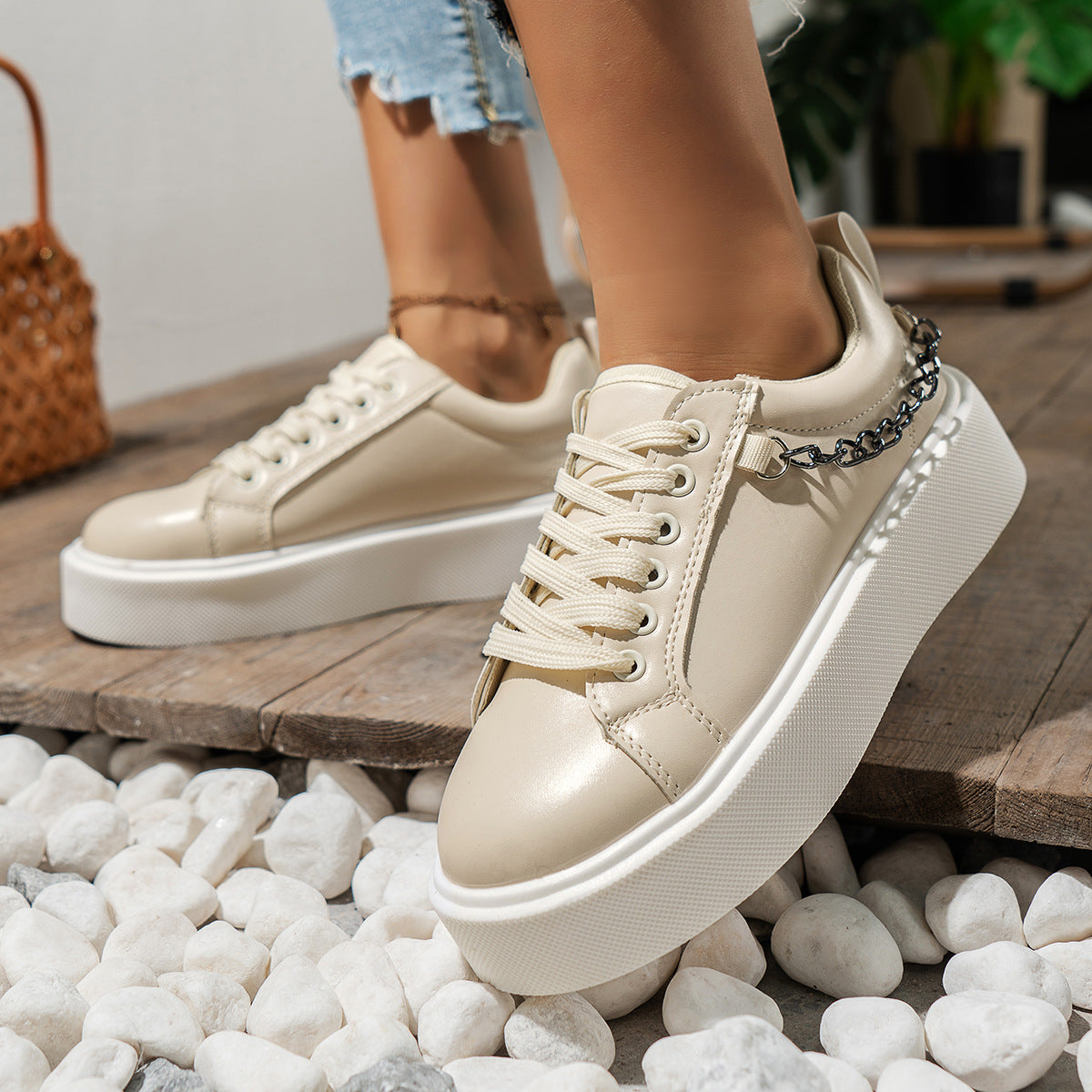 Platform Lace Up Metal Chain Sneakers