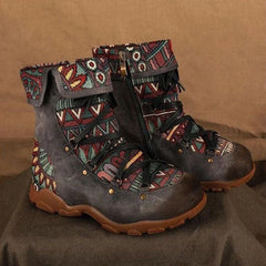 Ethnic patchwork retro side zip booties