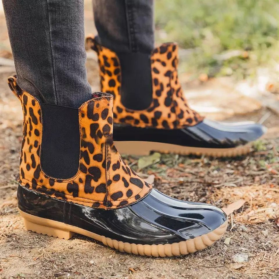 Leopard Printed Waterproof Slip On Ankle Duckboots