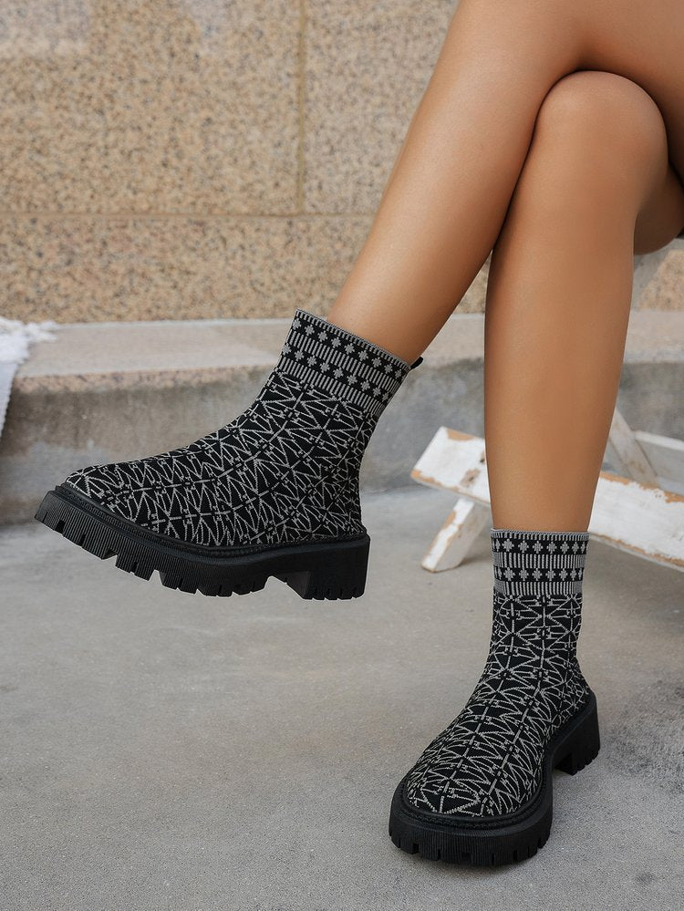 Geometric pattern flyknit stretch high-top chimney boots