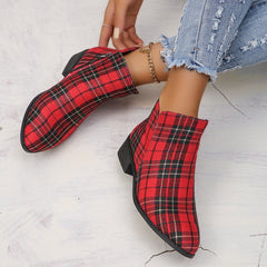 Plaid red and black color block round toe denim shoes