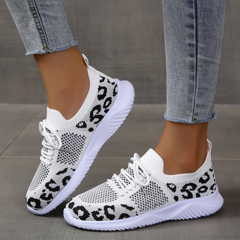 Flyknit Breathable Leopard Print Color-block Sneakers