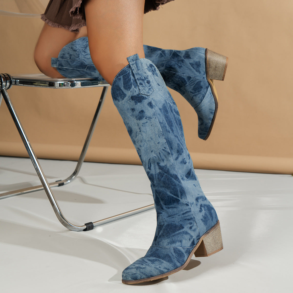 Washed denim round-toe knee-high boots