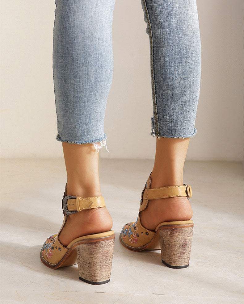 Vintage Floral Embroidered Espadrilles Chunky Heels