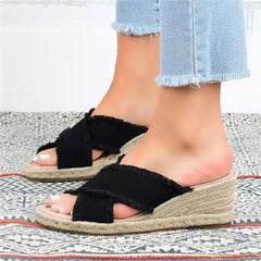 Denim and Linen Lightweight Wedge Slippers