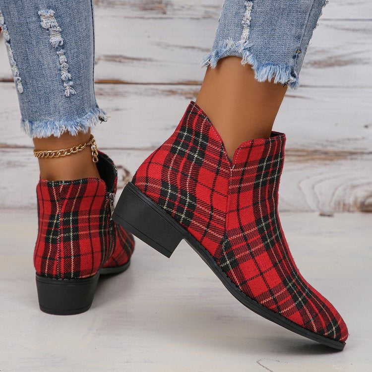 Plaid red and black color block round toe denim shoes