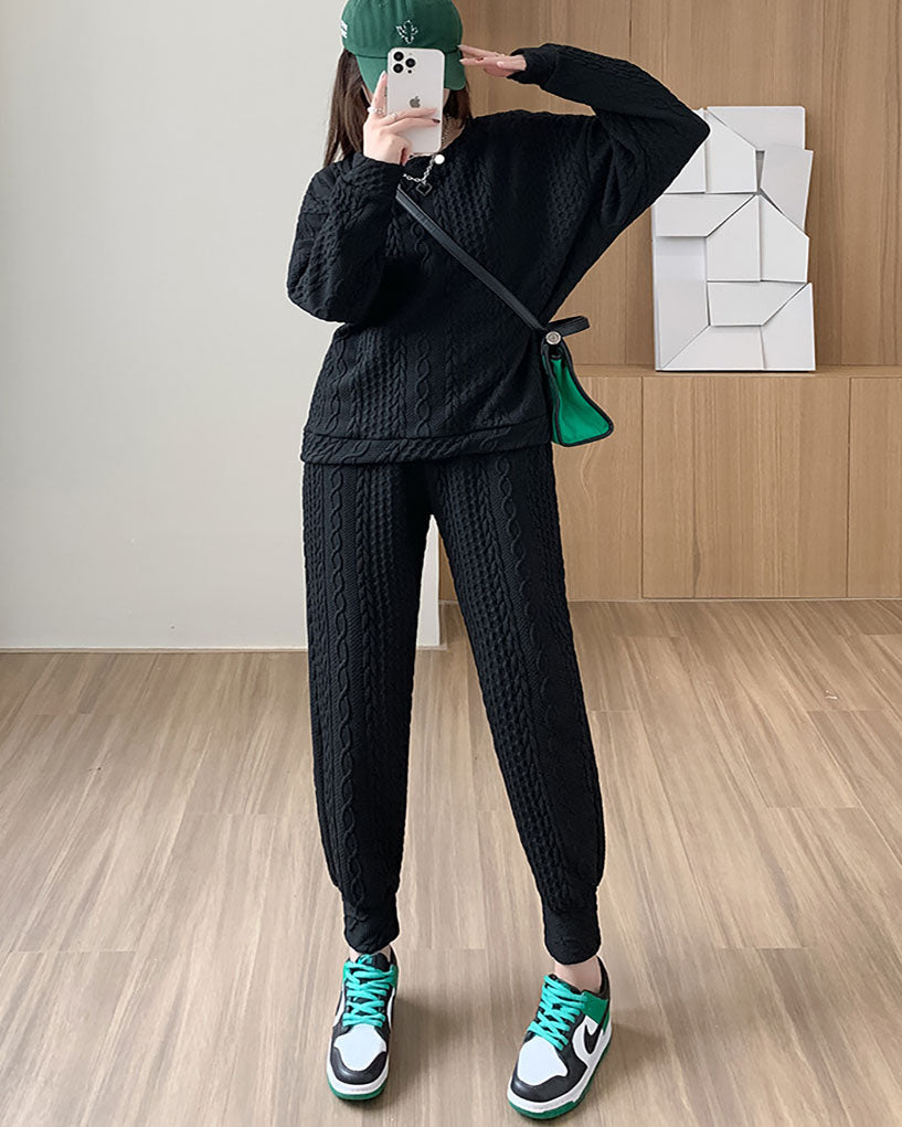 Long Sleeve Sweatshirt & Dual Pockets Pants Textured Two-piece Set