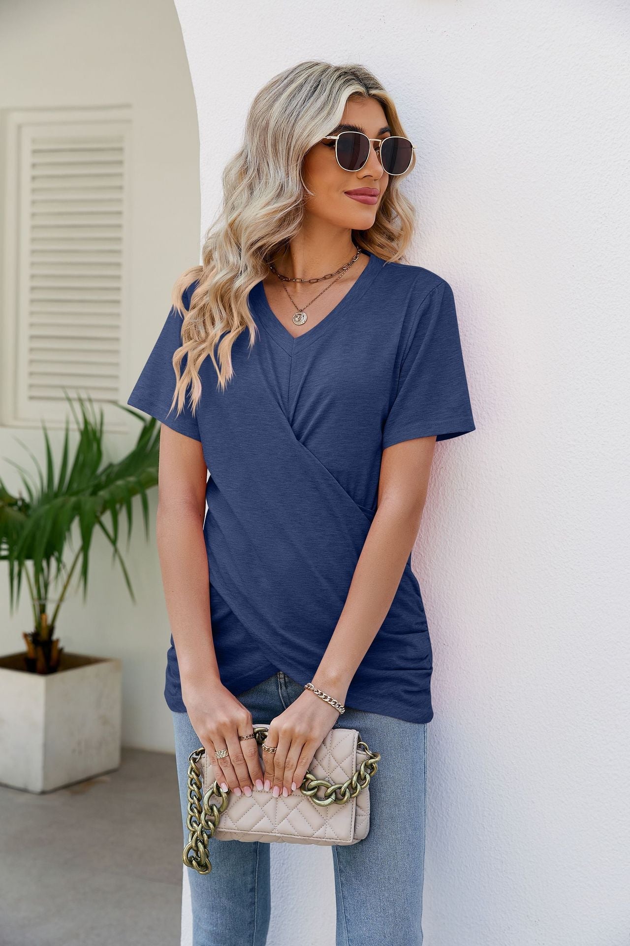 Crossover V-Neck Short Sleeve T-Shirt