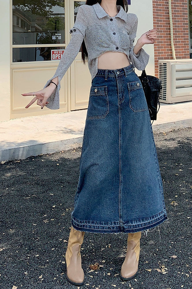 Washed denim high-waisted multi-pocket A-line skirt