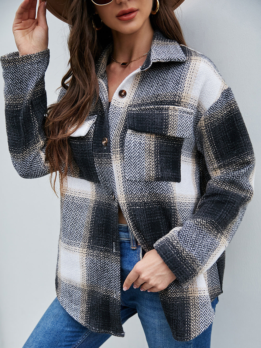 Single-breasted Coarse Woven Plaid Shirt Jacket