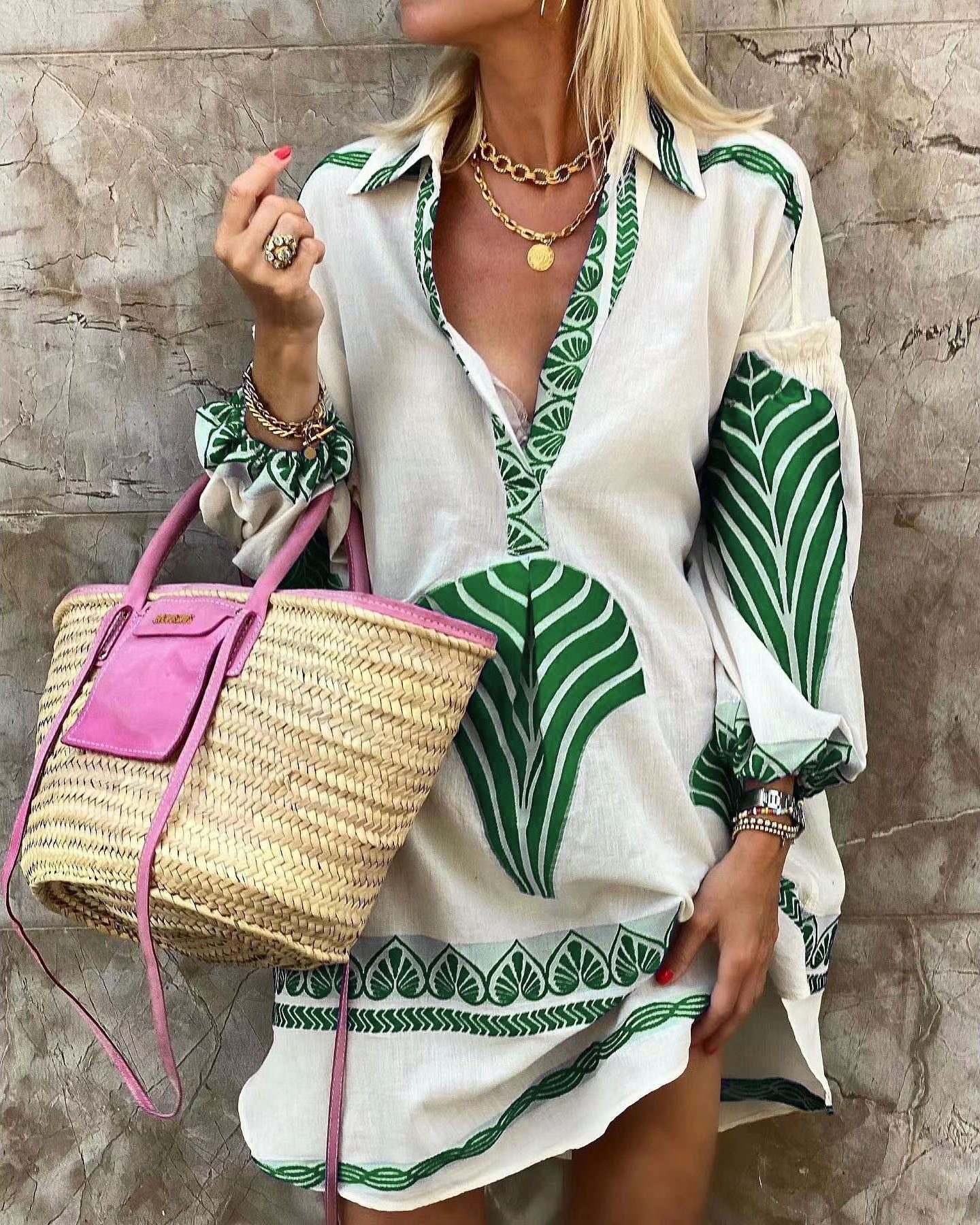 Bohemian Loose Fit Floral Print Vacation Shirt Dress