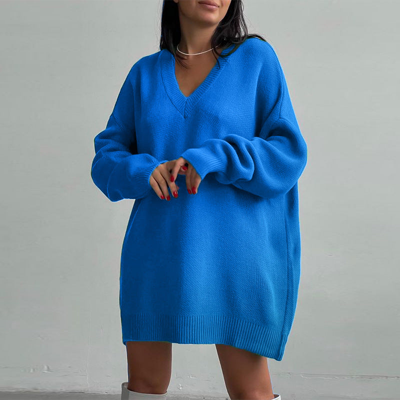 Bright Solid Color Loose Knit Sweater Dress