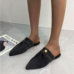Pointed Toe Denim Flat Slides