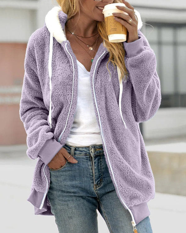 Loose plush zip-up hooded jacket