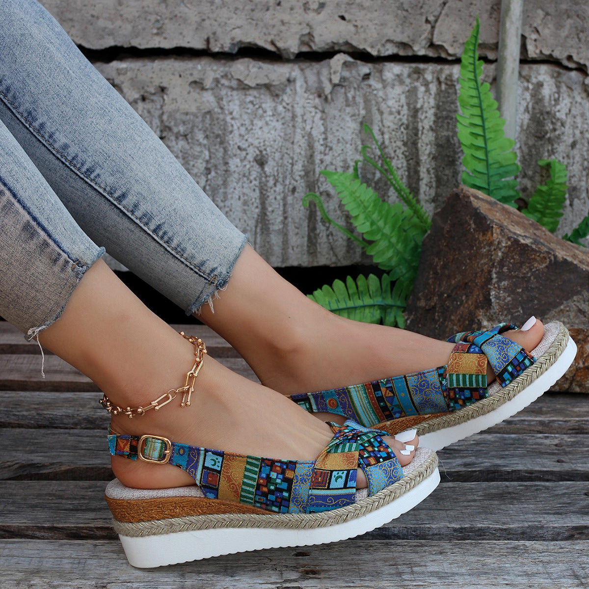 Printed Open Toe Slingback Wedge espadrilles Sandals