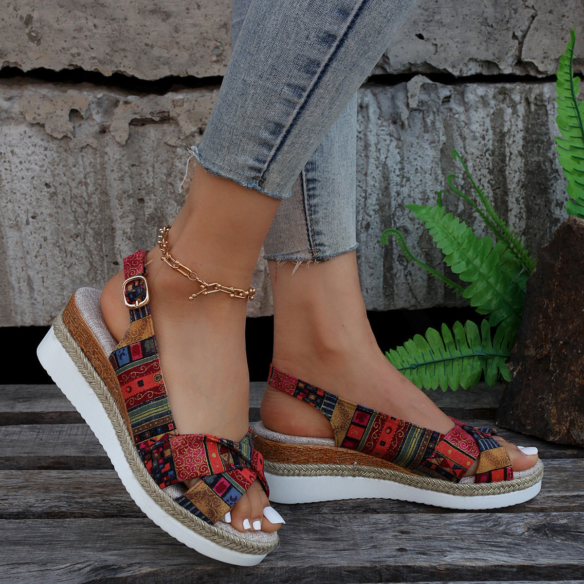 Printed Open Toe Slingback Wedge espadrilles Sandals