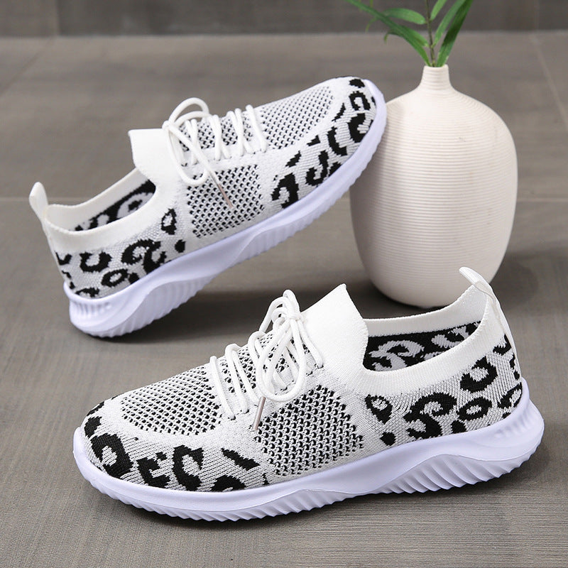 Flyknit Breathable Leopard Print Color-block Sneakers