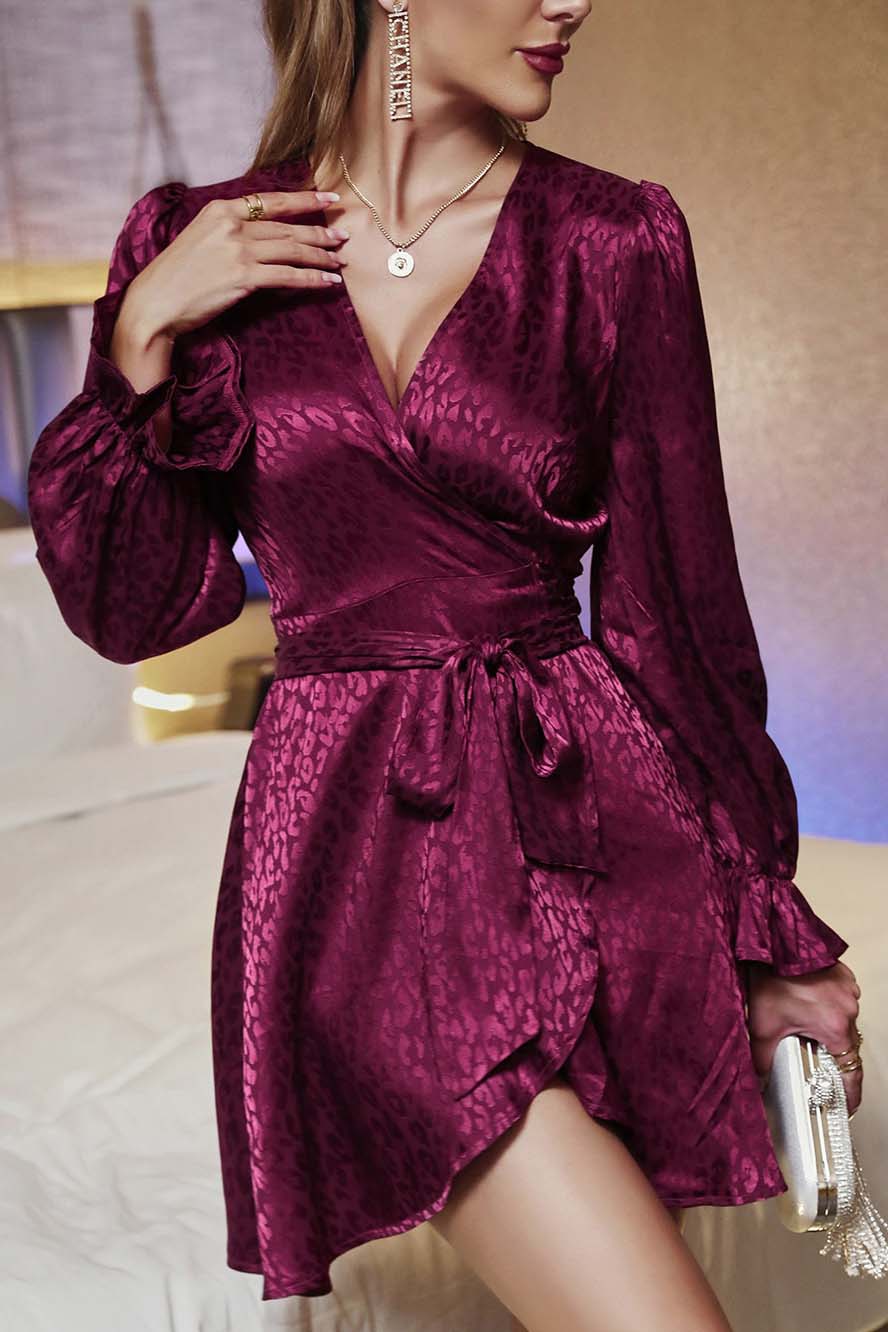 v-Neck Long Sleeve Neck Waist Tie Satin Midi Print Dress