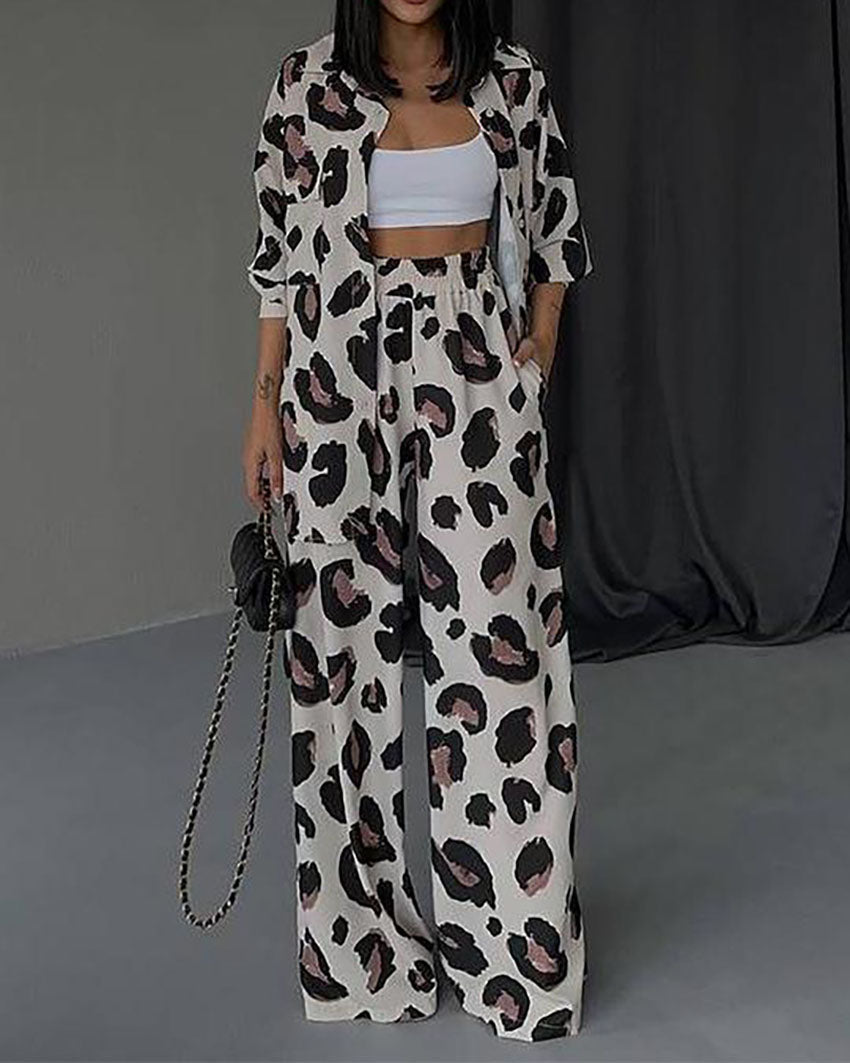 Leopard Print Long Sleeve Shirt Wide Leg Pants Two-Piece Set