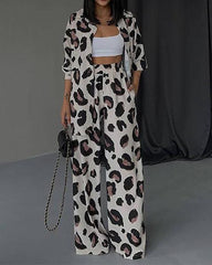 Leopard Print Long Sleeve Shirt Wide Leg Pants Two-Piece Set