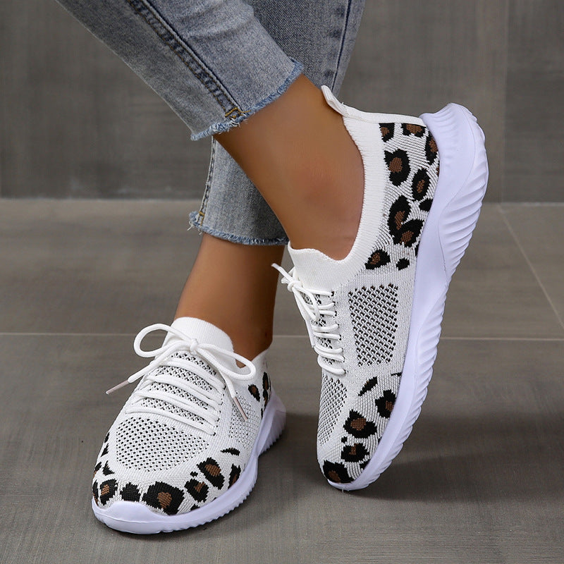 Flyknit Breathable Leopard Print Color-block Sneakers