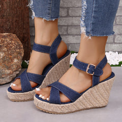 Denim open toe cross strap espadrilles wedge sandals