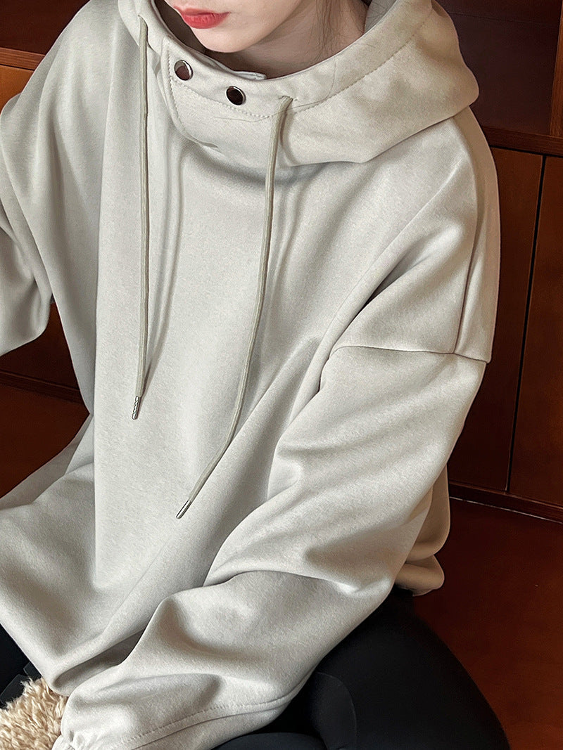 Half High Collar with Button Details Thick Loose Hoodie