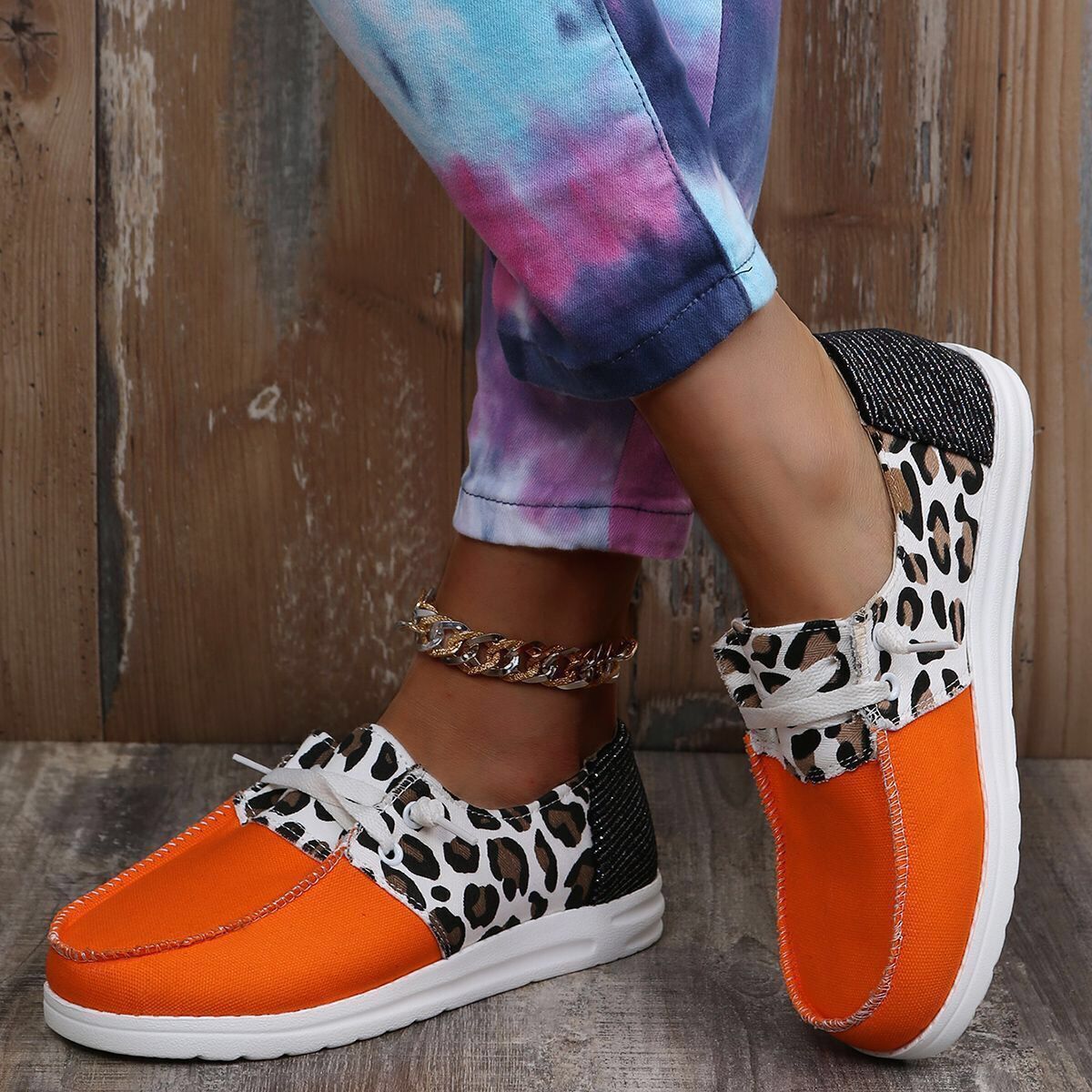 Color-block Lace-up Canvas Flat Shoes