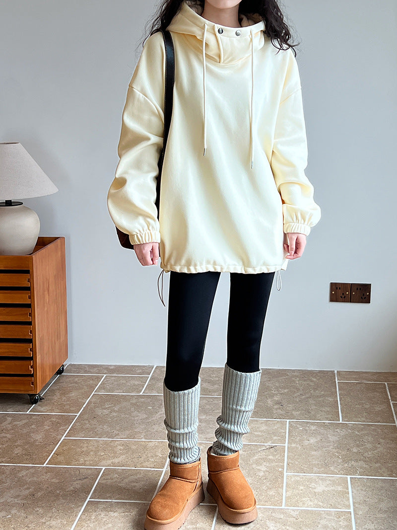 Half High Collar with Button Details Thick Loose Hoodie