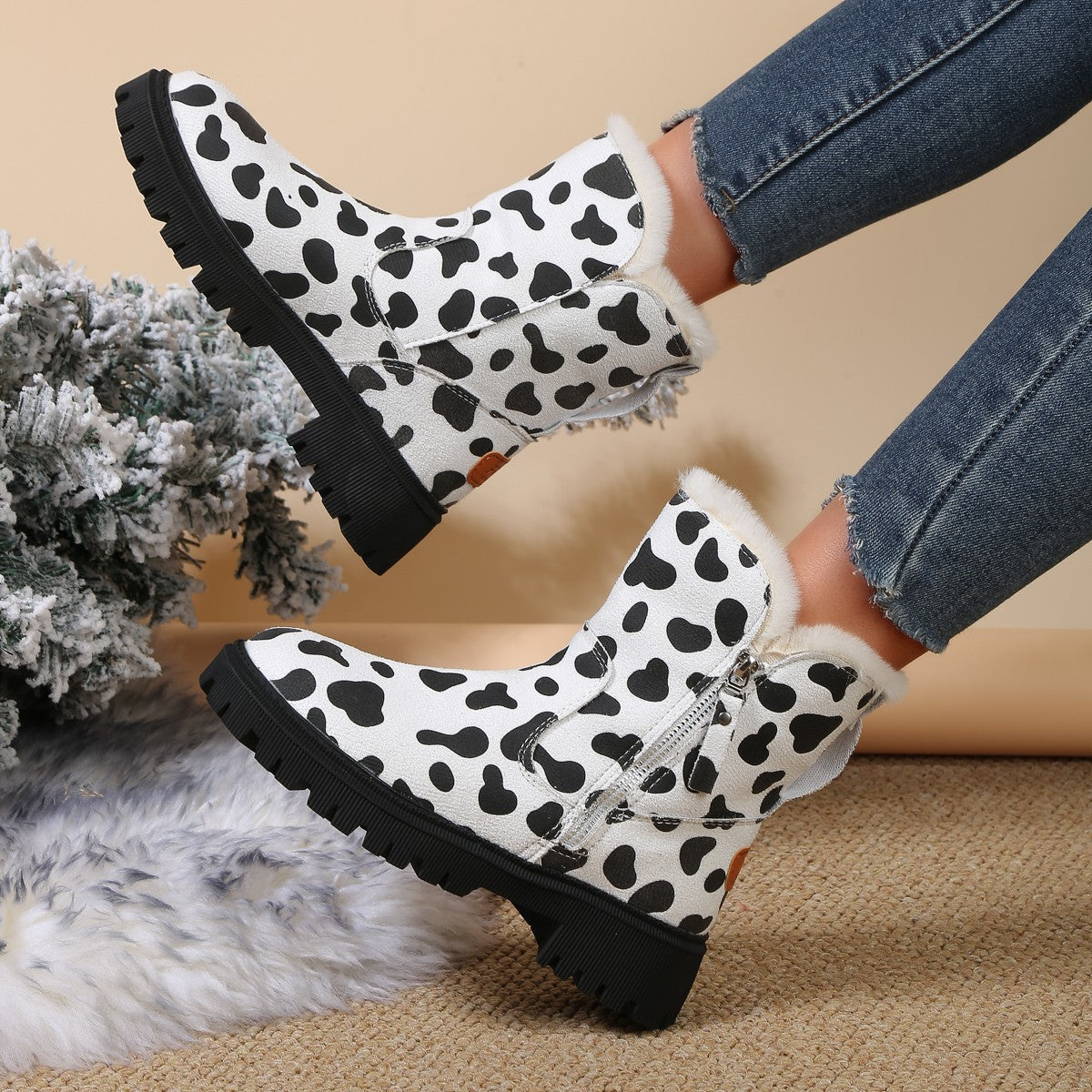 Leopard velvet mid-calf cotton shoes