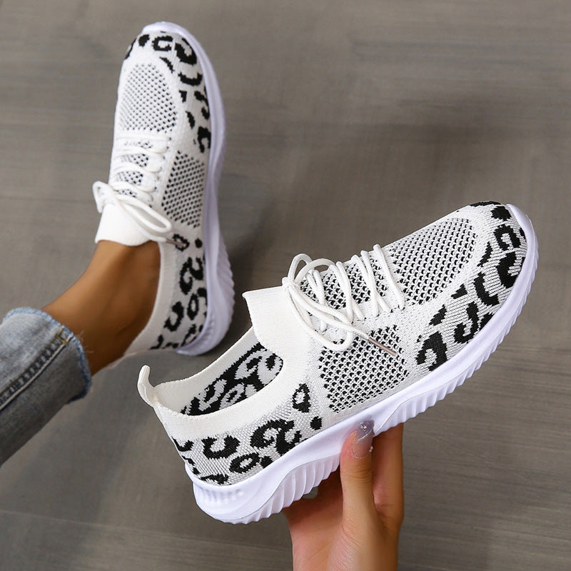 Flyknit Breathable Leopard Print Color-block Sneakers