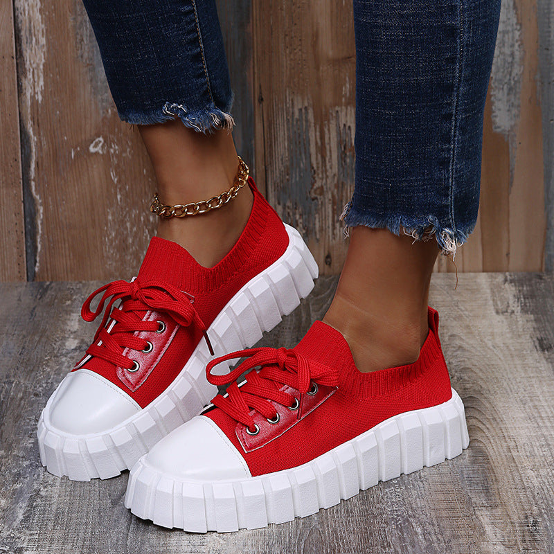 Colorblock Platform Fly knit Lace-up Sneakers