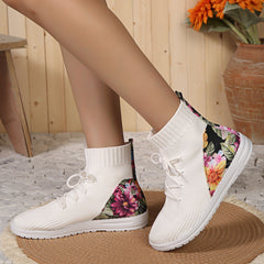 High-top round toe lace-up elastic sock boots