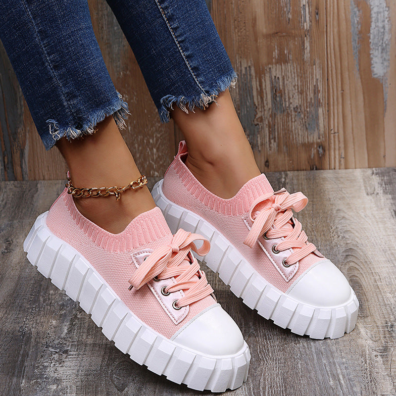 Colorblock Platform Fly knit Lace-up Sneakers