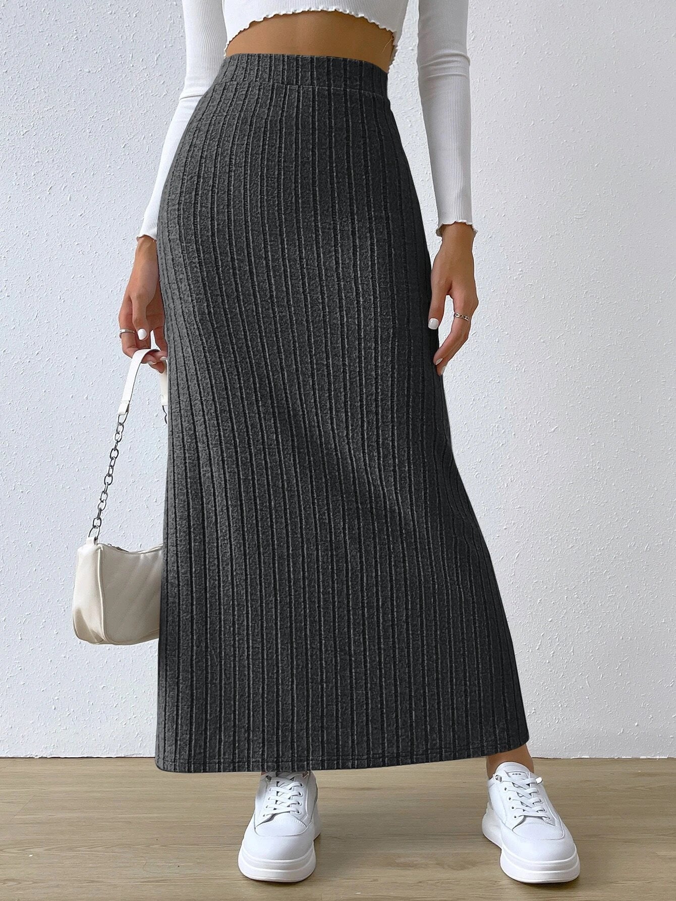 CozyKnit High-waisted slim-fitting side slit knitted long skirt