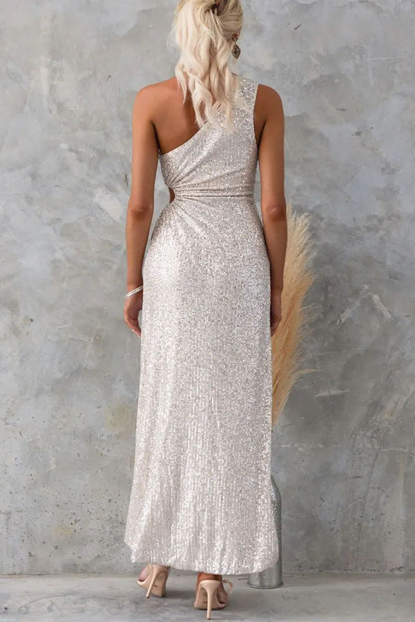 Drawstring sequin waist cutout dress