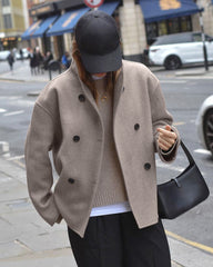 Brown V-neck Double-breasted Short Wool Coat