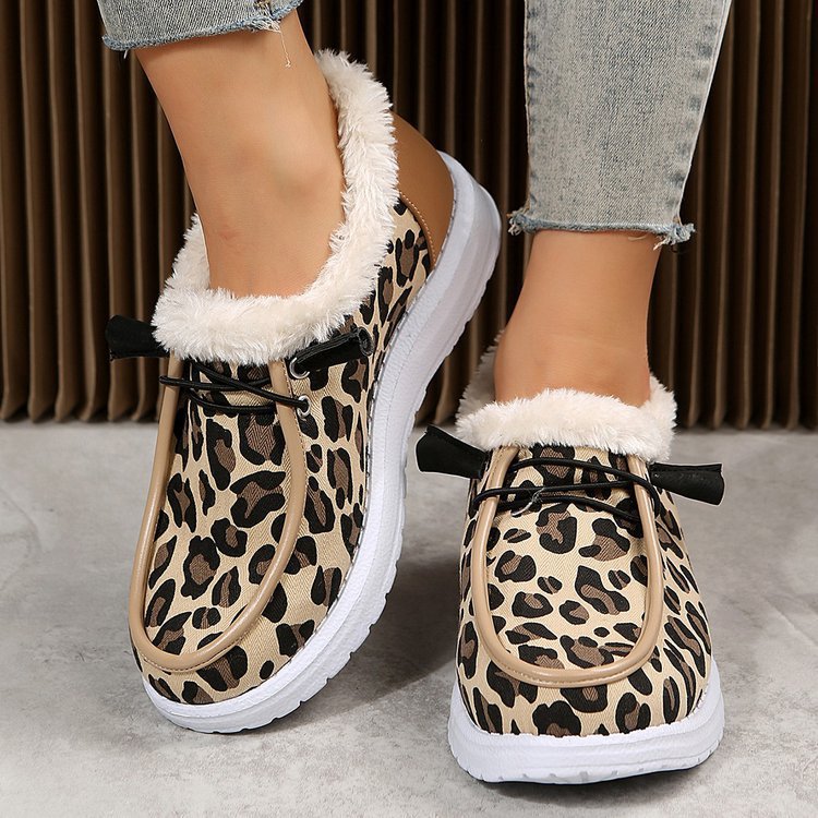 Leopard print flat slip-on plush snow shoes