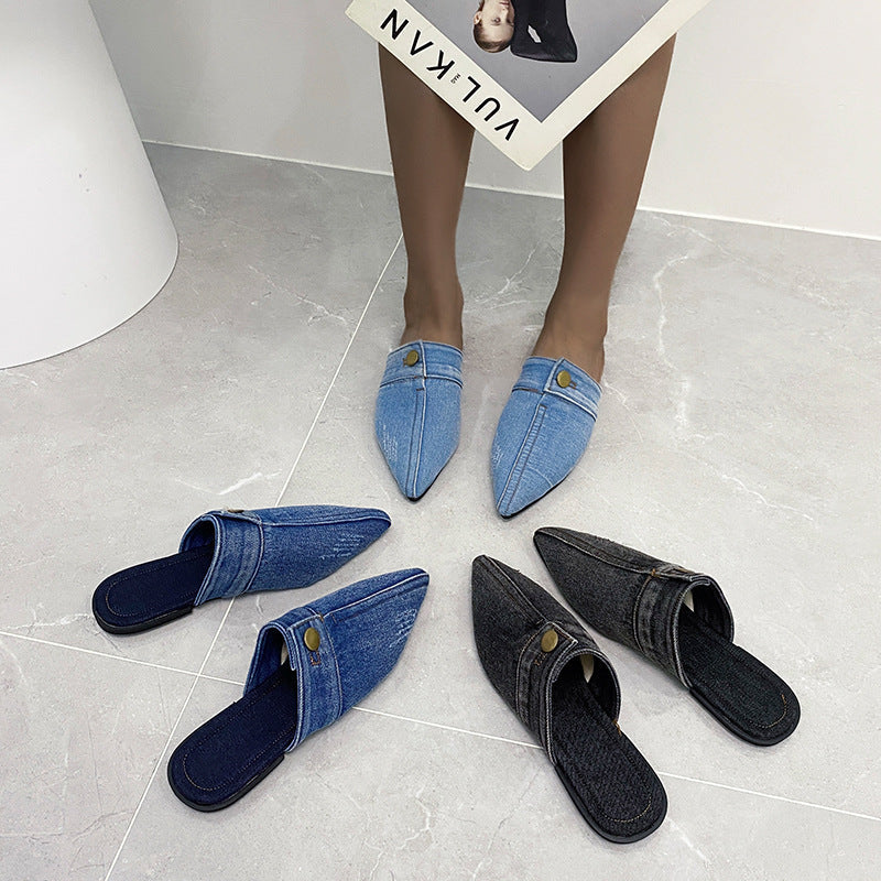 Pointed Toe Denim Flat Slides