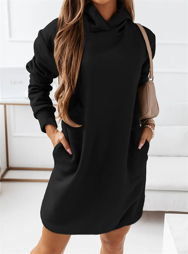Mid-length pockets hooded sweatshirt dress