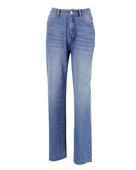 High-Waisted Frayed Hem Loose Fit Straight Leg Jeans